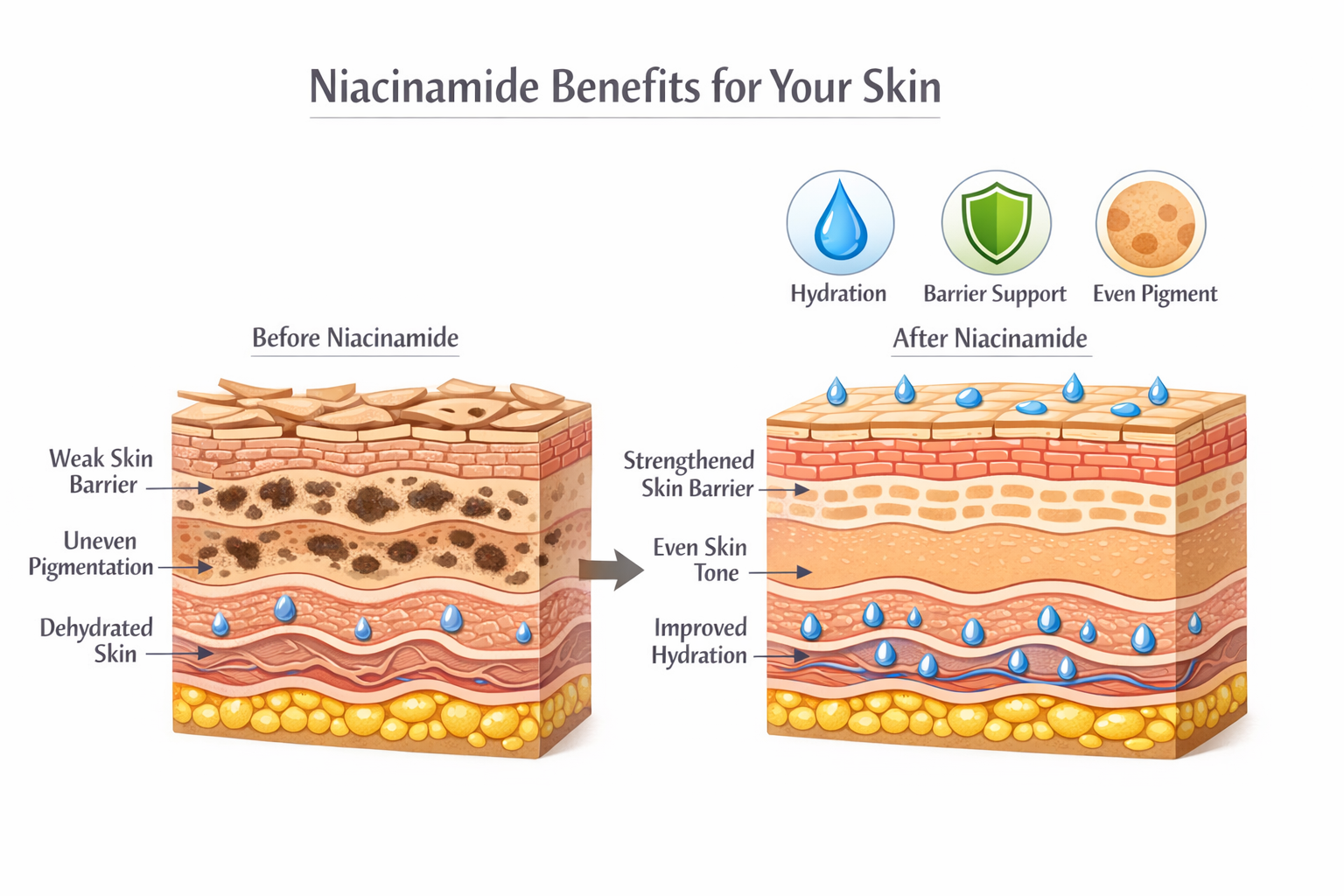 Diagram of skin layers showing a strengthened barrier and more even pigment distribution after niacinamide use.