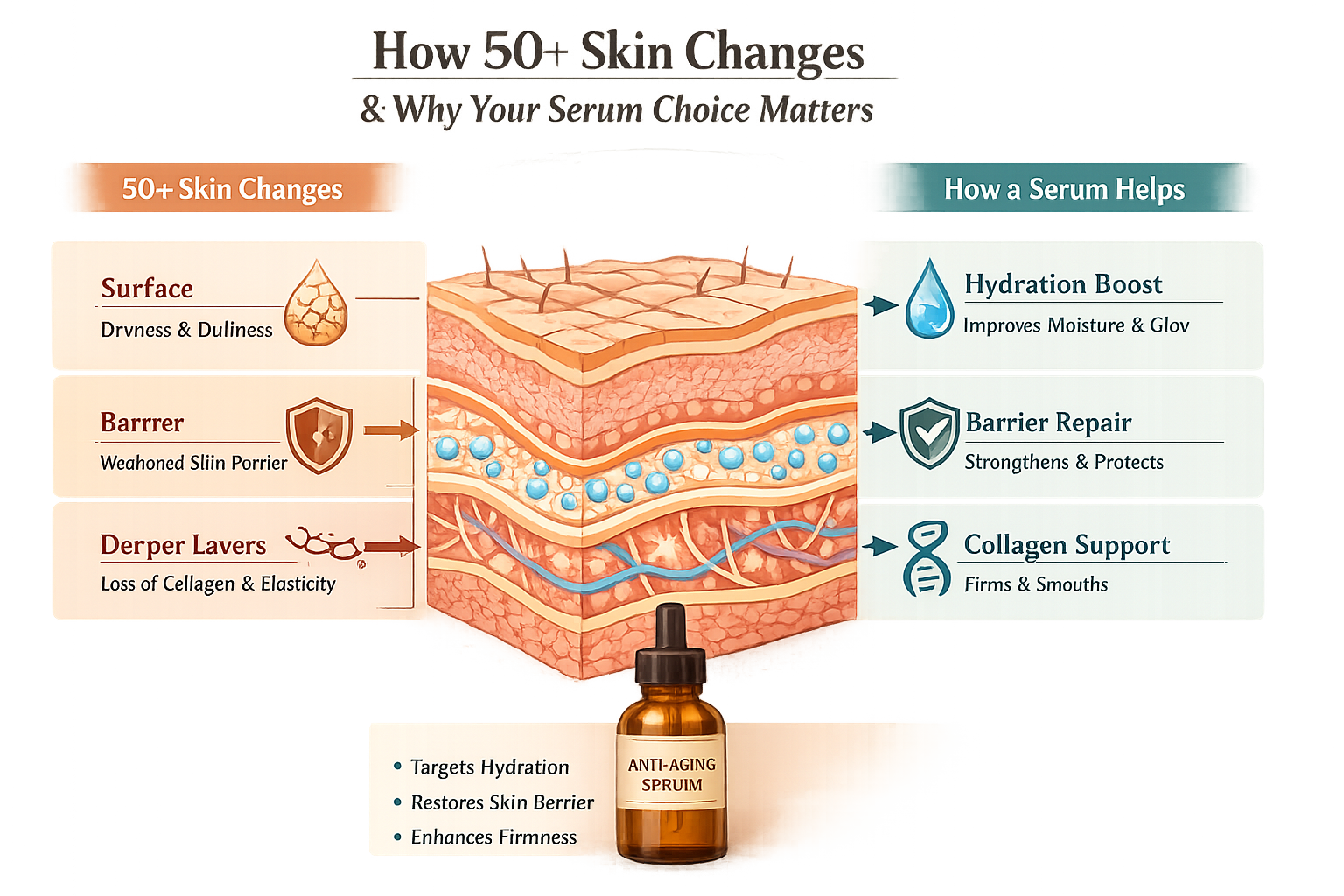 Infographic explaining how skin changes after 50 and how a serum supports hydration, barrier and tone.