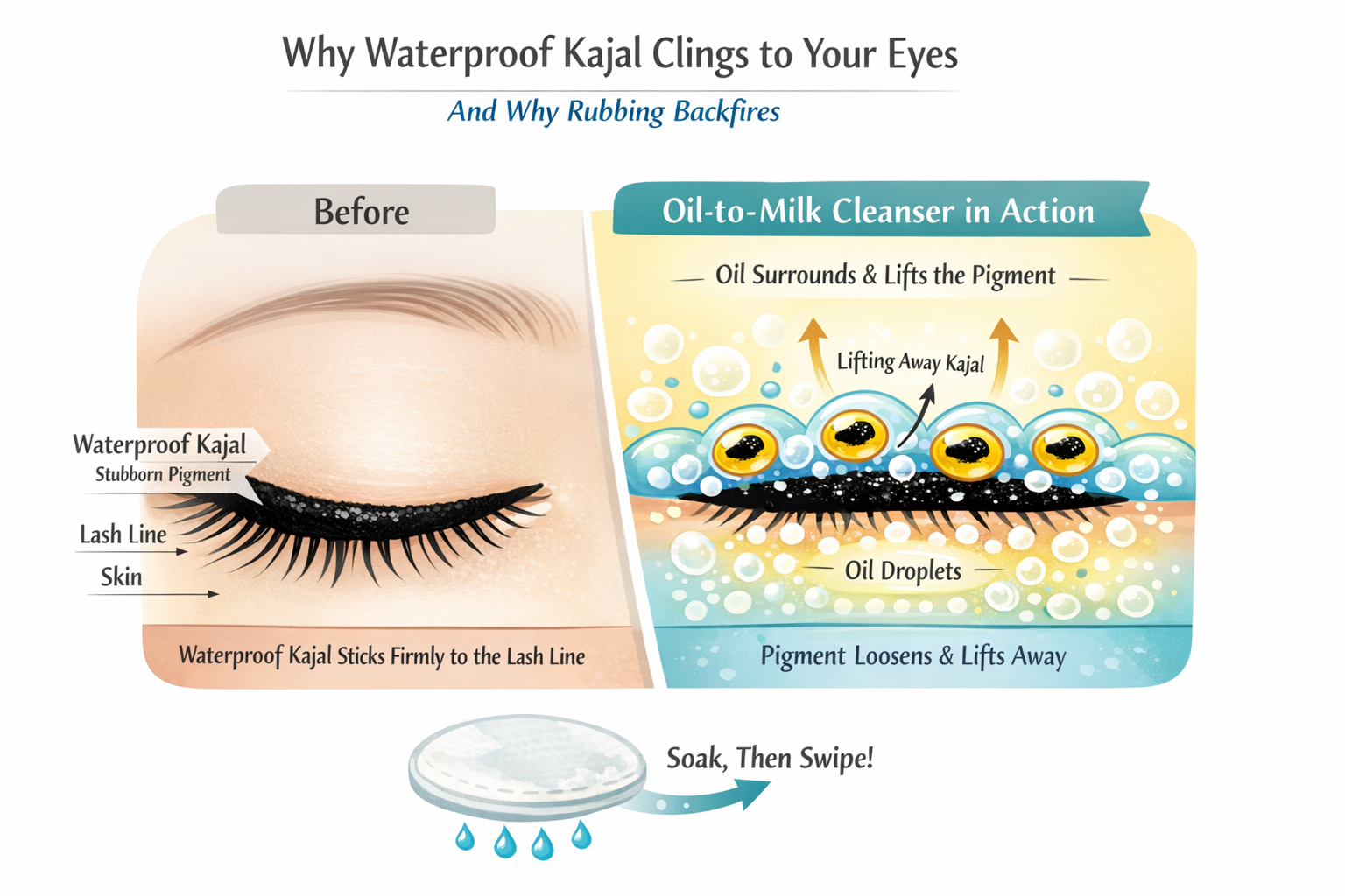 Infographic diagram showing waterproof kajal sitting along the lash line and how an oil-to-milk cleanser surrounds and lifts the pigment away.