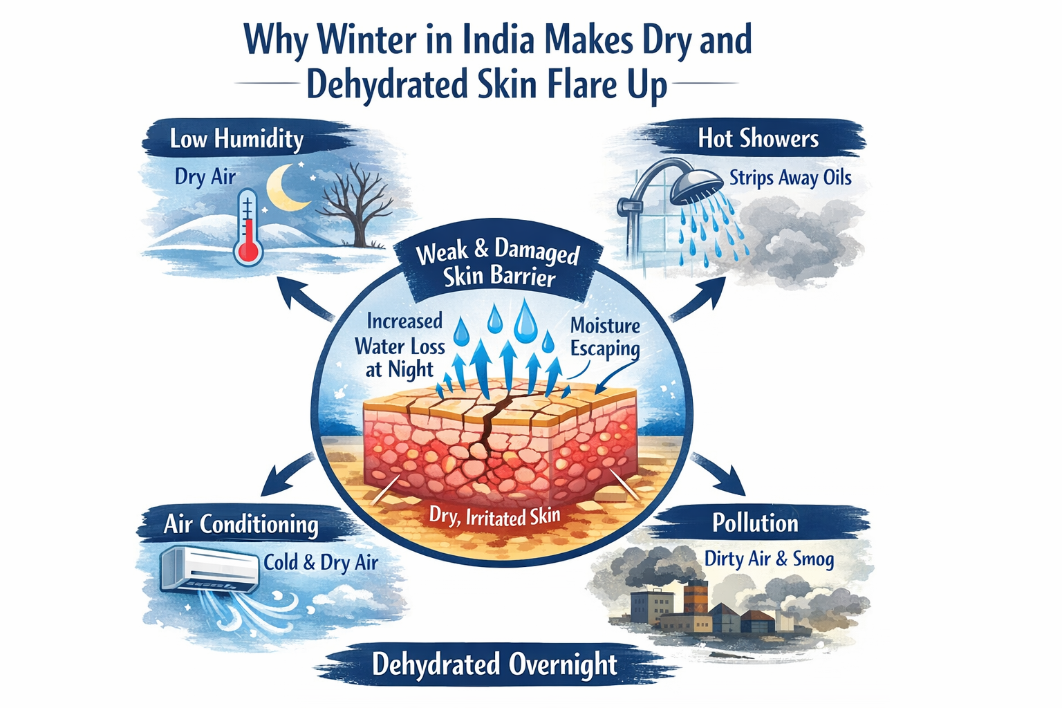 Infographic diagram showing how Indian winter factors like low humidity, hot showers, AC, and pollution weaken the skin barrier and increase water loss at night.
