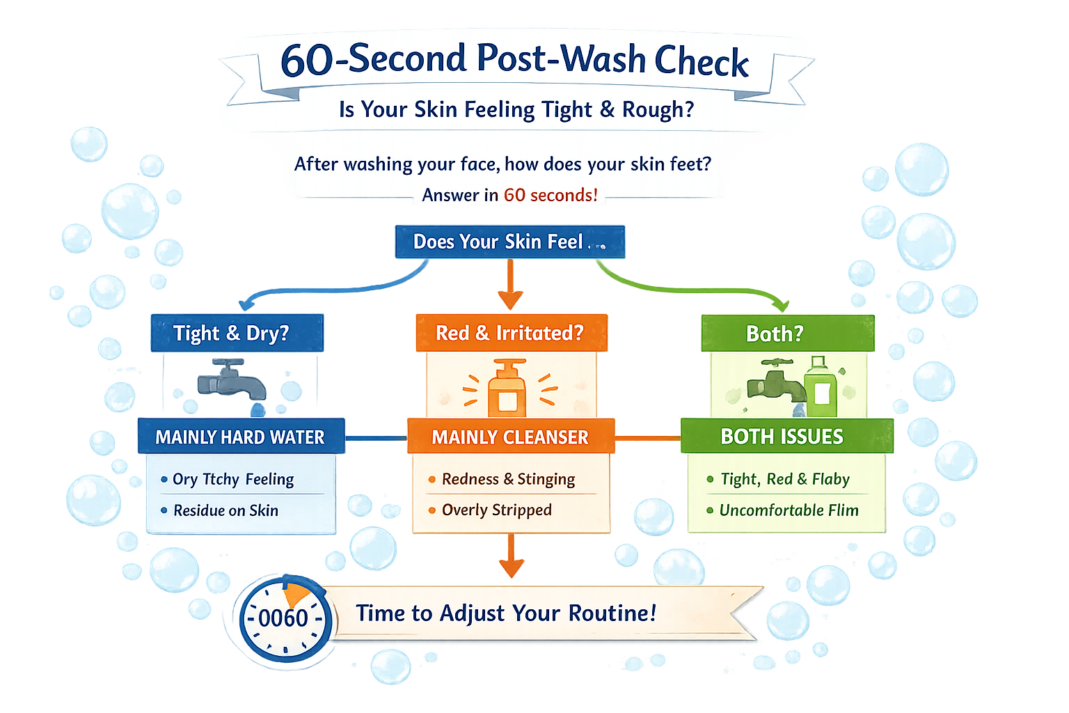 Infographic of a 60-second post-wash check showing how to tell if tight, rough skin is from hard water, cleanser, or both.