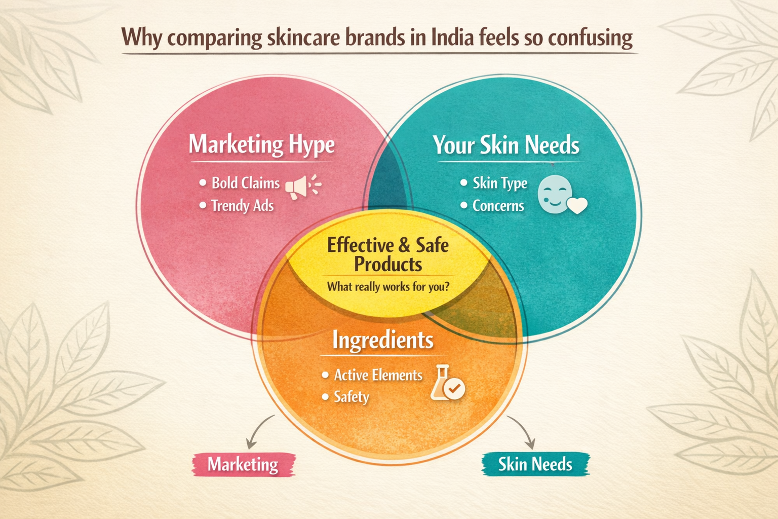 Infographic showing overlapping circles of marketing, ingredients, and skin needs, with a focus on the intersection of ingredients and skin needs.