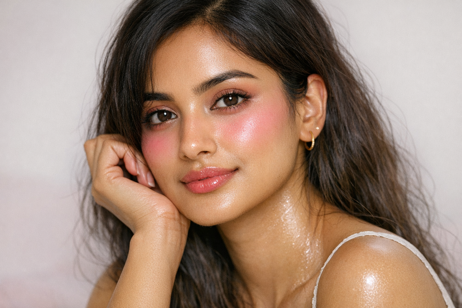 Young Indian woman with dewy skin and soft under-eye blush, inspired by Japanese Igari makeup.