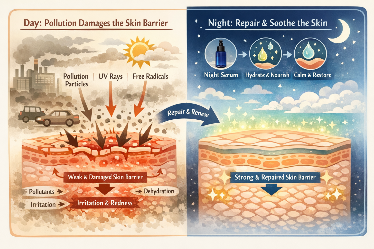 Infographic diagram showing how city pollution weakens the skin barrier and how a night serum routine helps repair it.