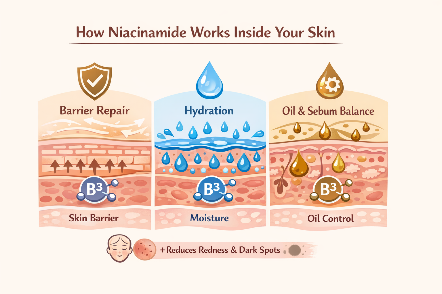 Simple diagram of skin layers showing barrier, hydration and oil balance, with niacinamide icons supporting them.