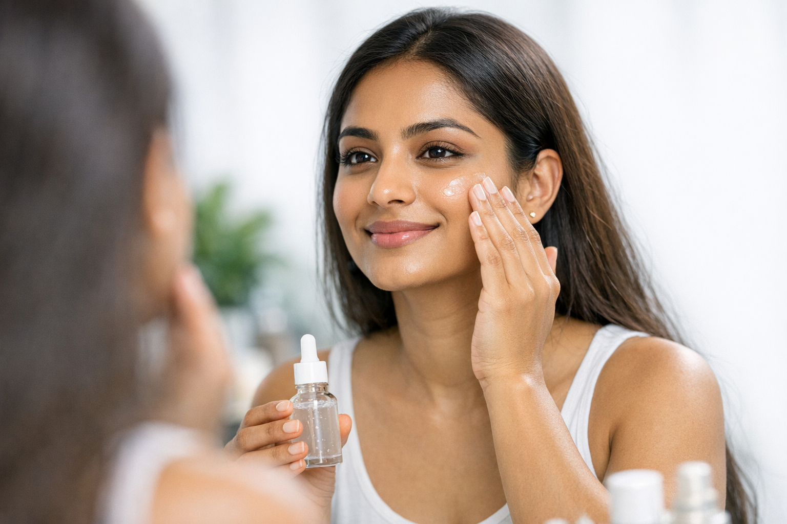 Indian woman applying a lightweight niacinamide serum or cream to her face in front of a mirror.