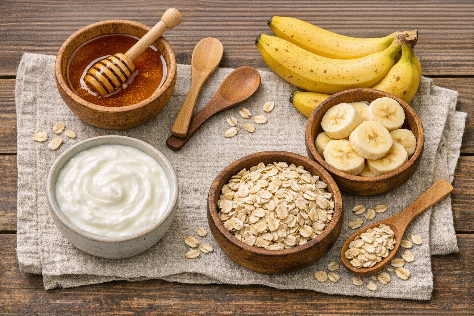 Bowls of honey, curd, oats, and banana arranged on a table for DIY dry-skin face masks