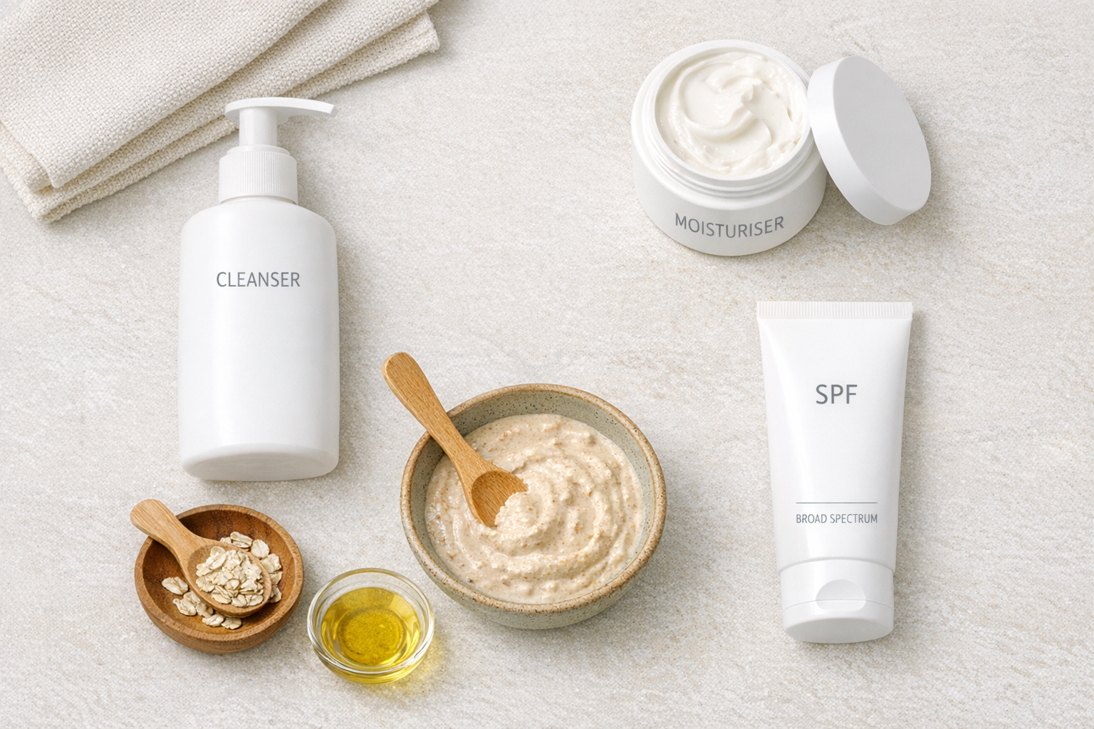 Flatlay of a simple dry-skin routine with cleanser, moisturiser, SPF, and a small bowl of DIY face mask