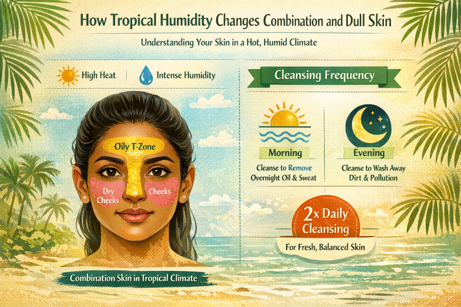 Infographic diagram showing Indian face map with oily T-zone and drier cheeks, plus ideal cleansing frequency in hot, humid weather.
