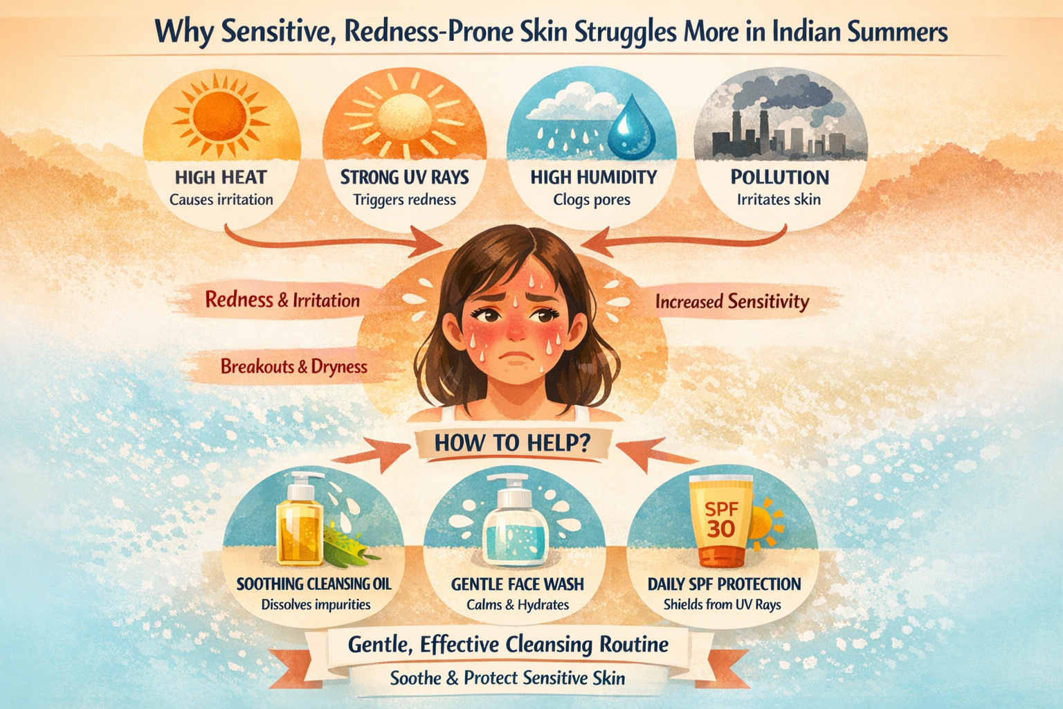 Infographic showing how Indian summer factors like heat, UV, humidity and pollution affect sensitive facial skin and how a gentle cleansing routine can help.