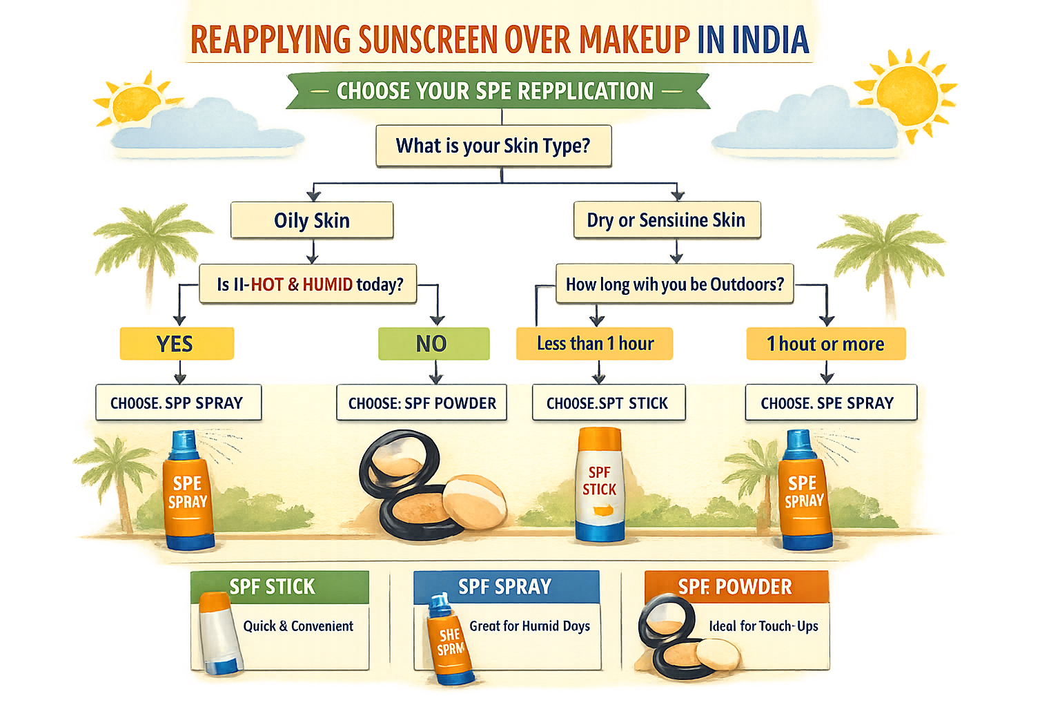 Infographic flowchart showing how to choose between SPF stick, spray, or powder for reapplying over makeup in Indian weather.