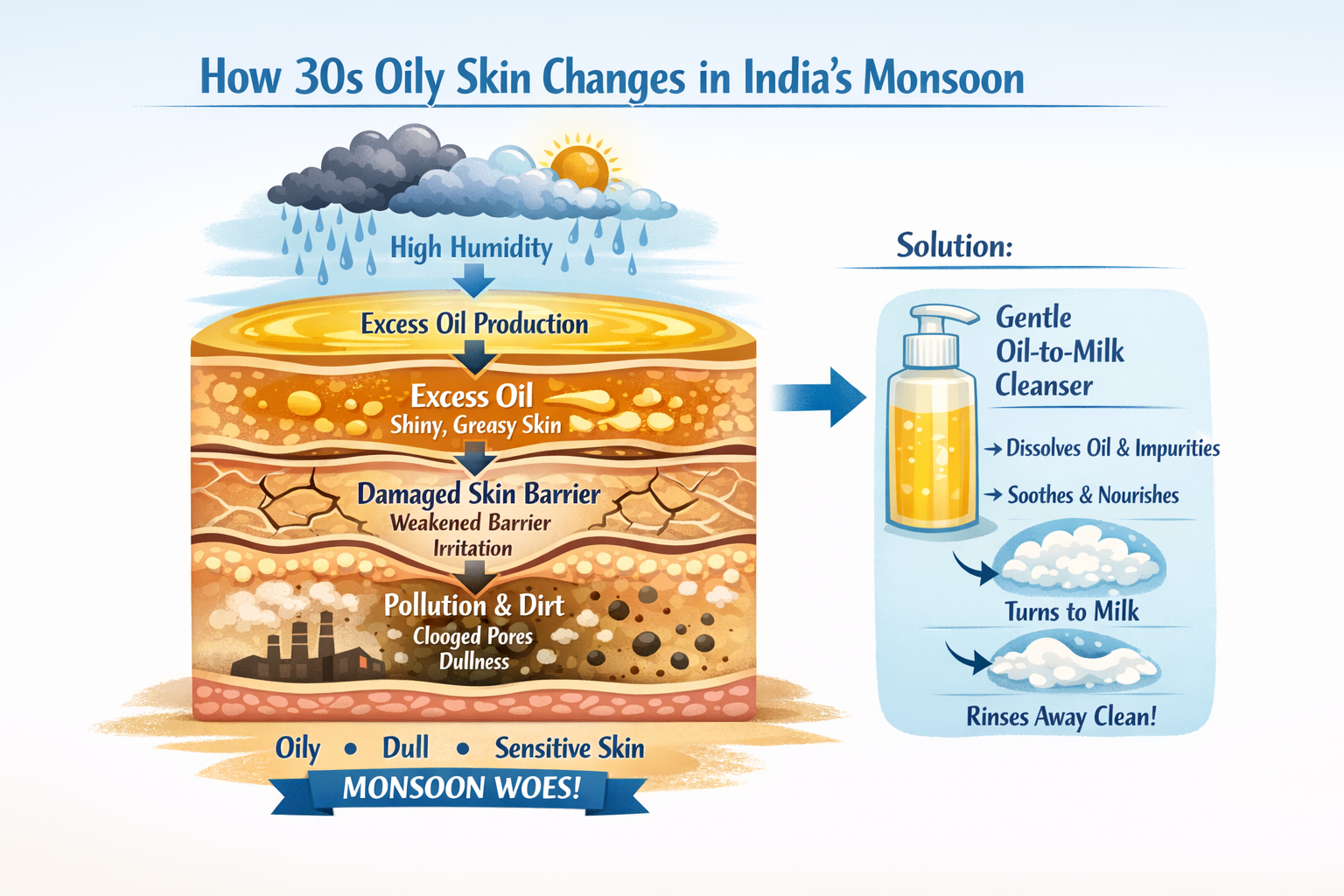 Infographic explaining how 30s oily skin changes in Indian monsoon with oiliness, dullness and sensitivity