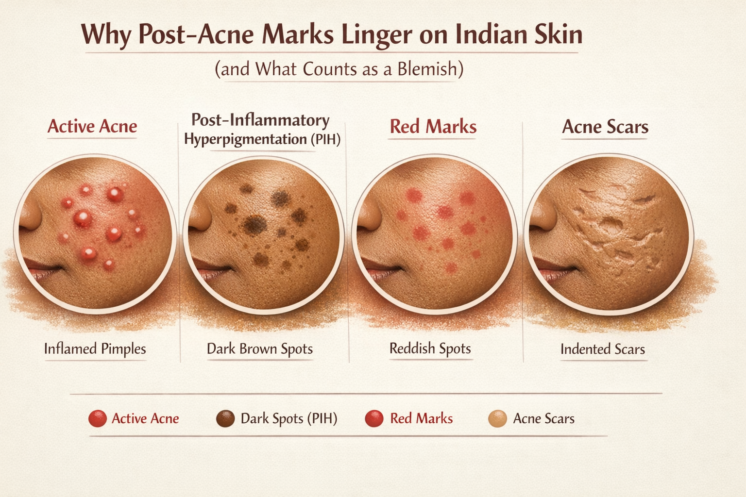 Infographic diagram showing difference between active acne, post-inflammatory hyperpigmentation, red marks, and acne scars on Indian skin tones.