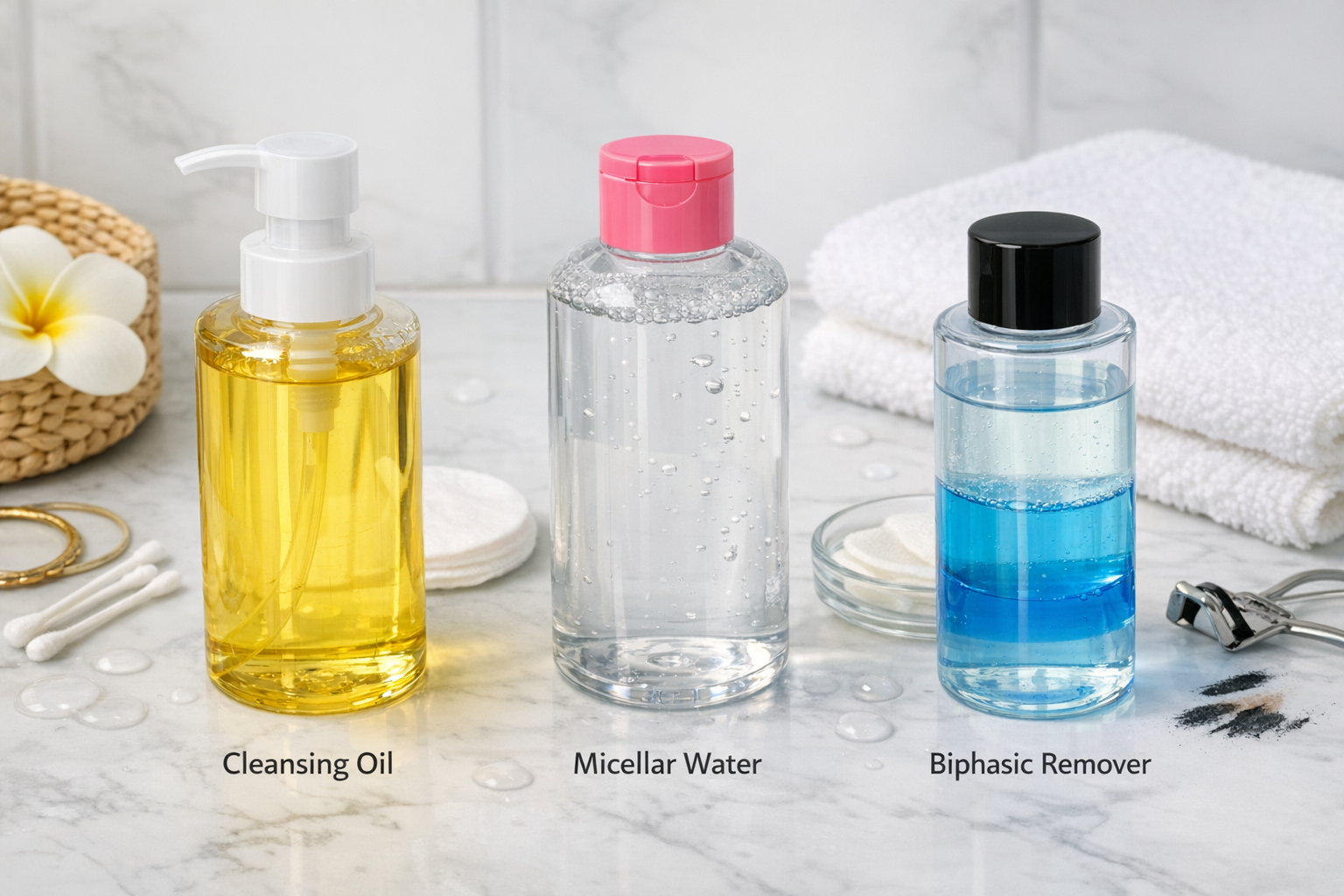 Flatlay of cleansing oil, micellar water, and biphasic eye makeup remover bottles on a bathroom counter