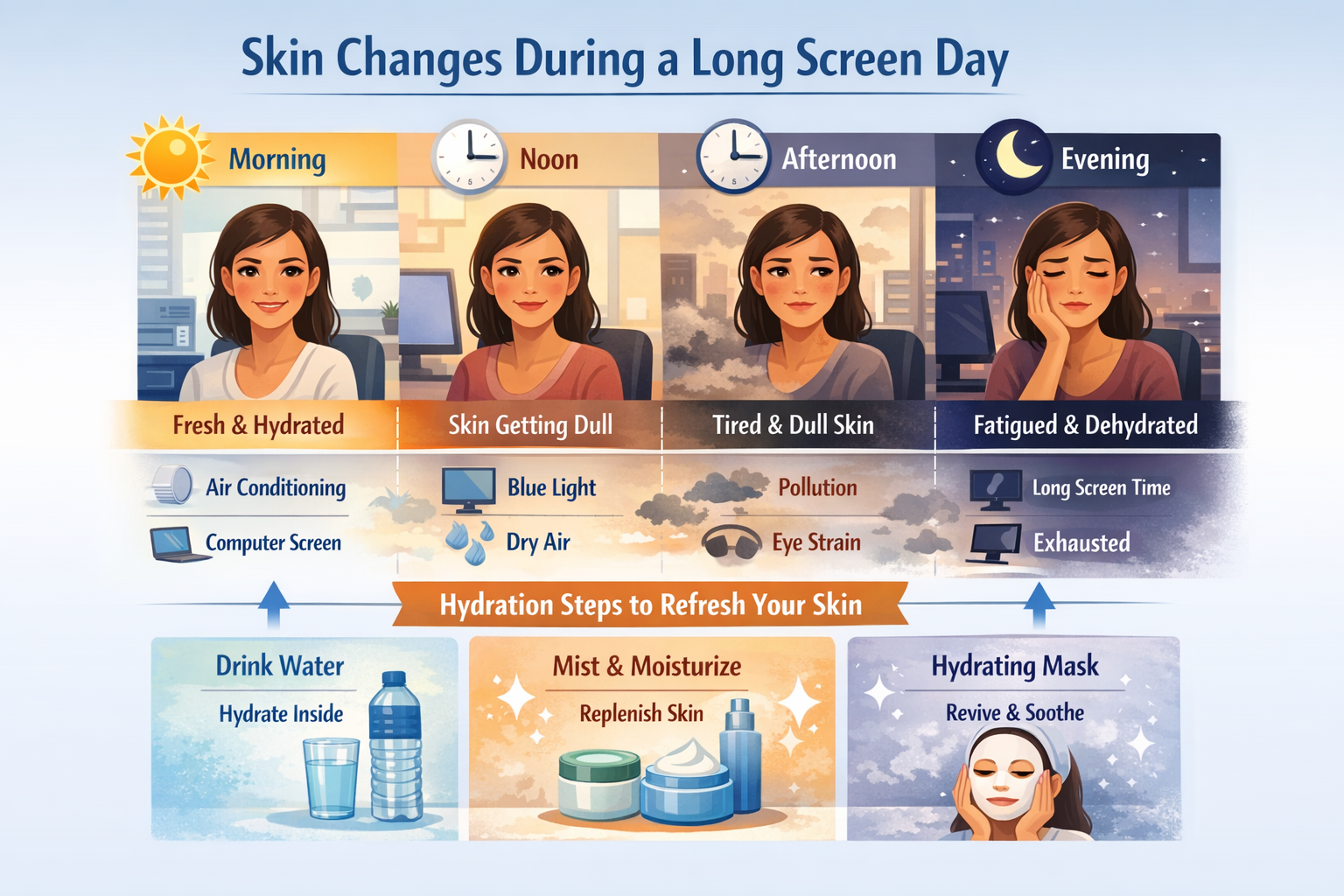 Infographic showing a timeline of skin changes from morning to evening on a long screen day and how hydration steps reduce dullness