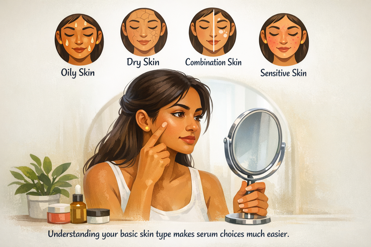 Indian woman checking her skin type in a mirror with simple icons for oily, dry, combination and sensitive skin