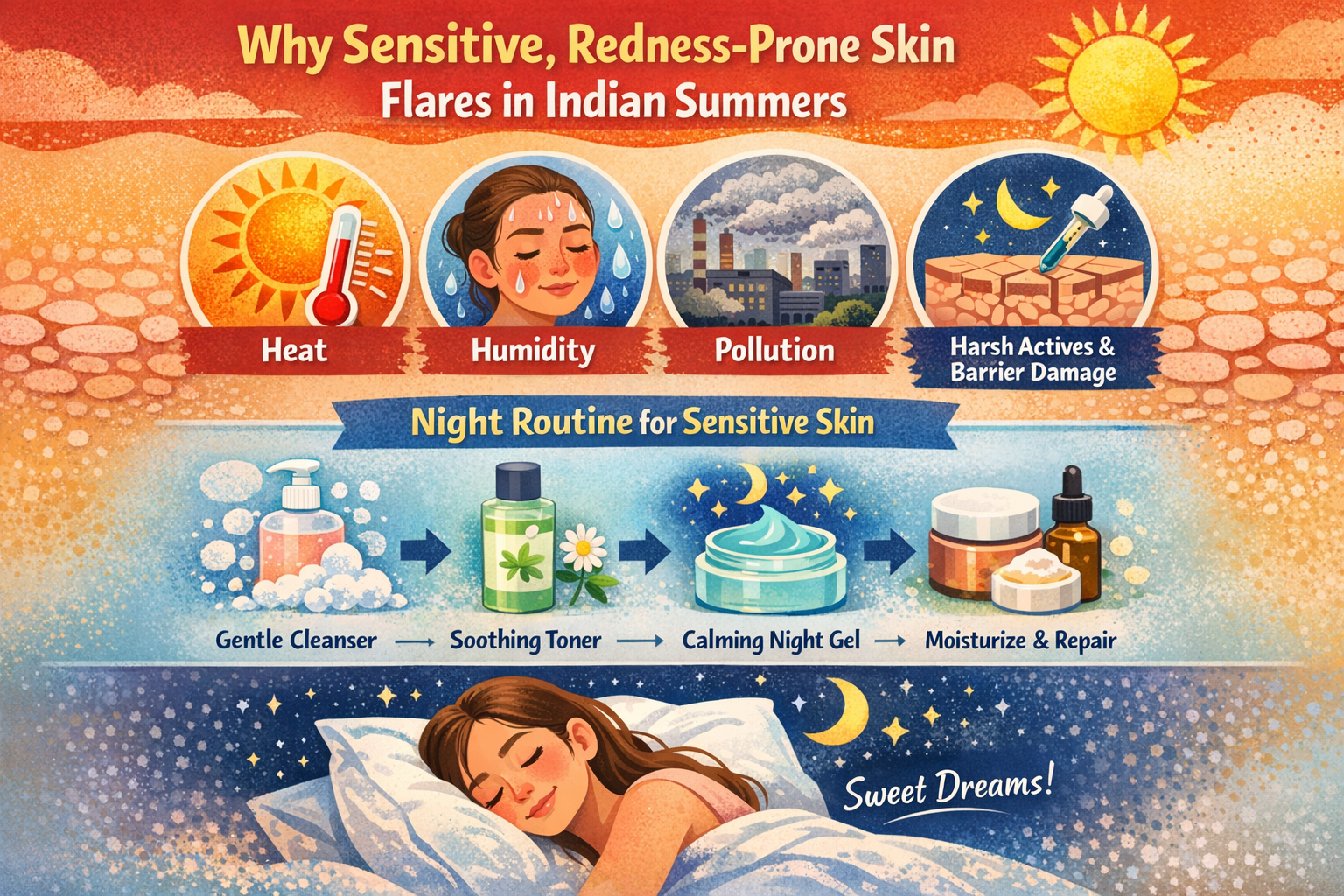 Infographic showing why sensitive, redness-prone skin flares in Indian summersheat, humidity, pollution, actives and barrier damagewith a simple night routine overview.