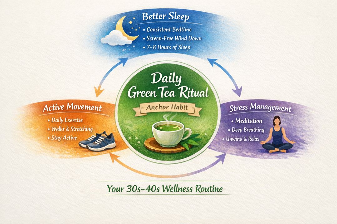 Infographic showing a daily green tea ritual as an anchor habit surrounded by sleep, movement, and stress-management habits.