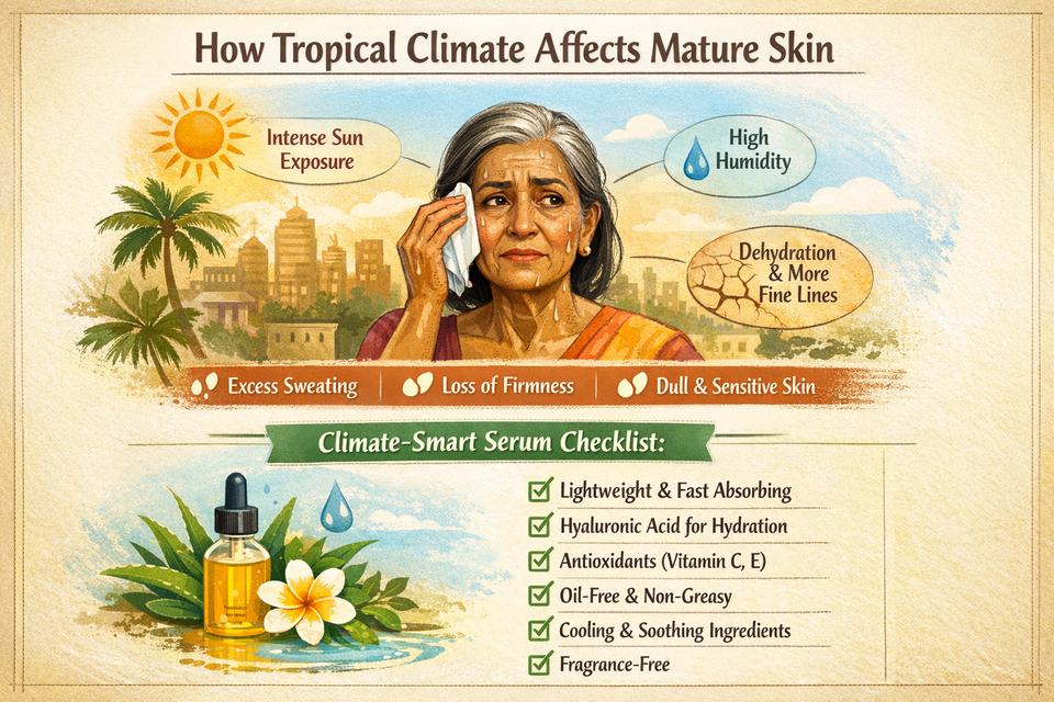 Infographic showing how tropical climate affects mature skin and a checklist for choosing a lightweight, hydrating face serum.