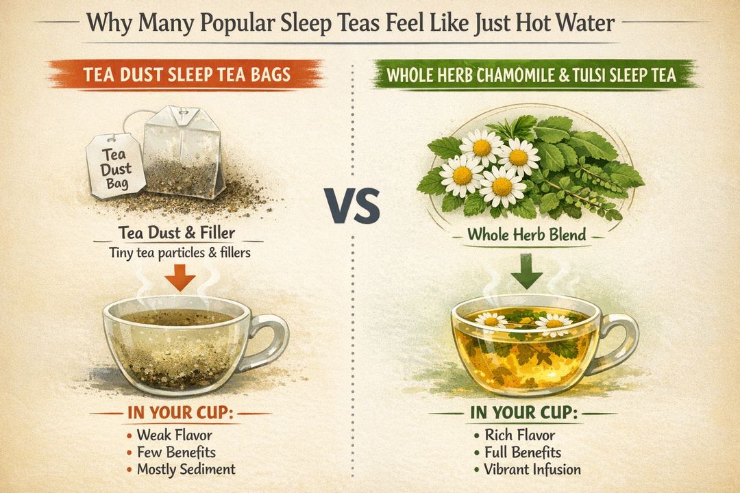 Infographic contrasting tea dust sleep tea bags with whole-herb chamomile and tulsi blend