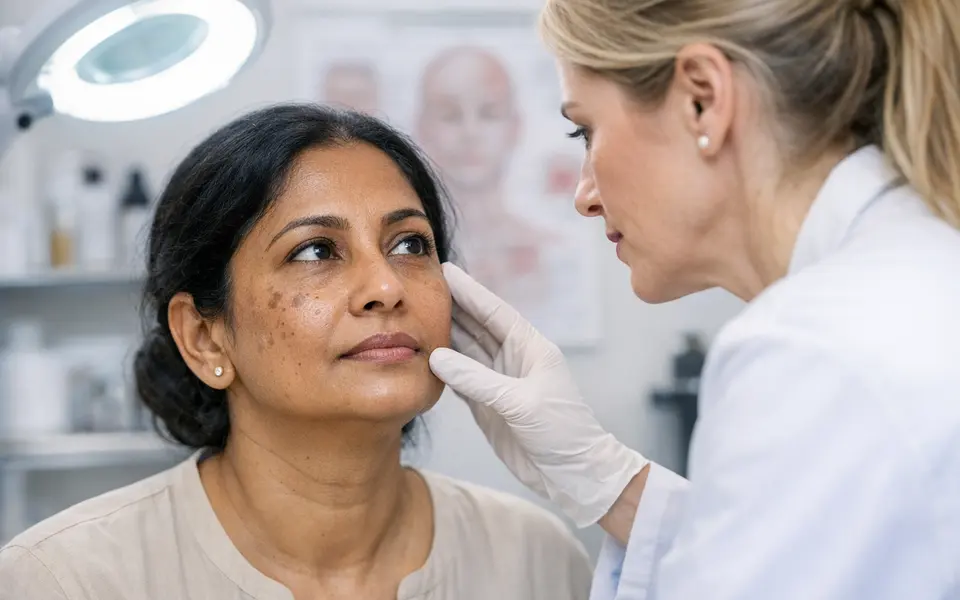 Dermatologist examining dark spots and fine lines on an Indian woman’s face in a clinic setting.