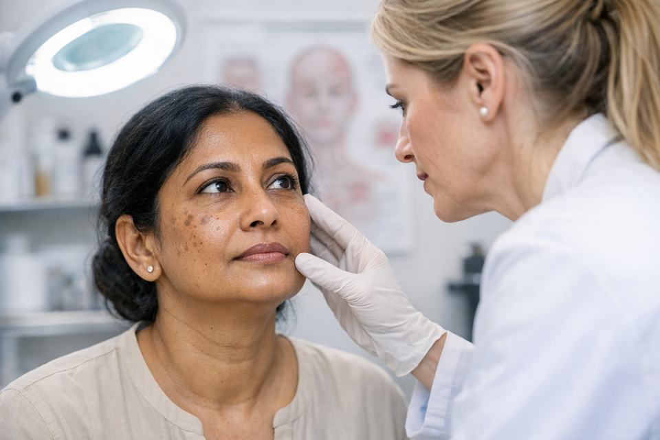 Dermatologist examining dark spots and fine lines on an Indian woman’s face in a clinic setting.