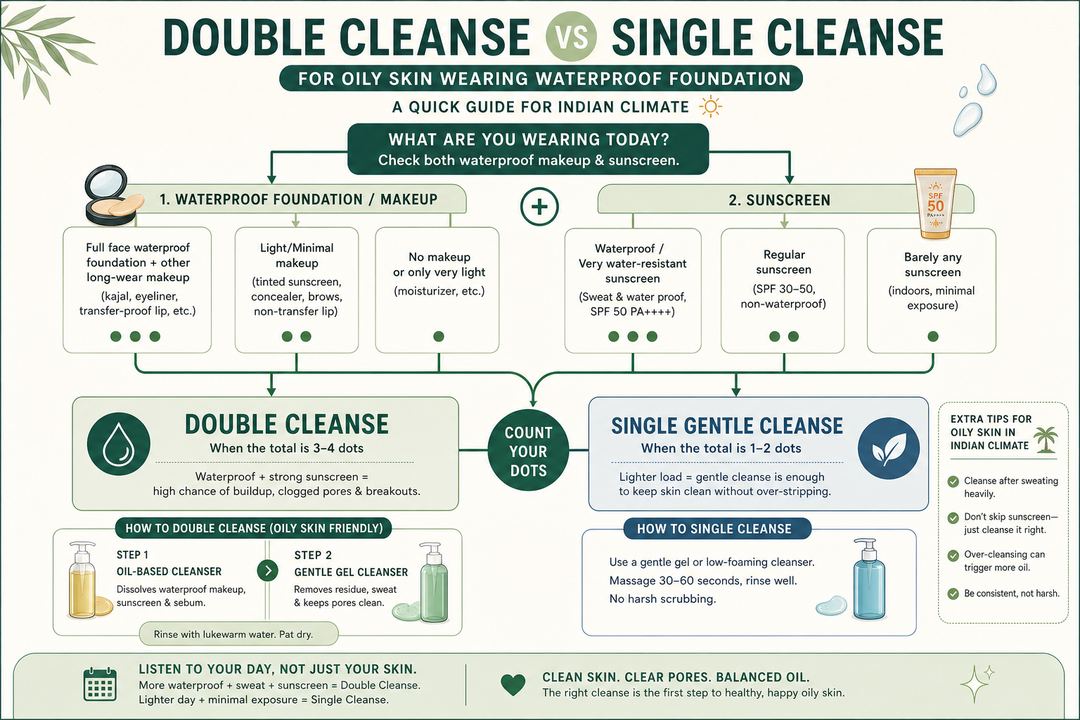 Infographic flowchart comparing when to use double cleansing versus a single gentle cleanse for oily skin wearing waterproof foundation.