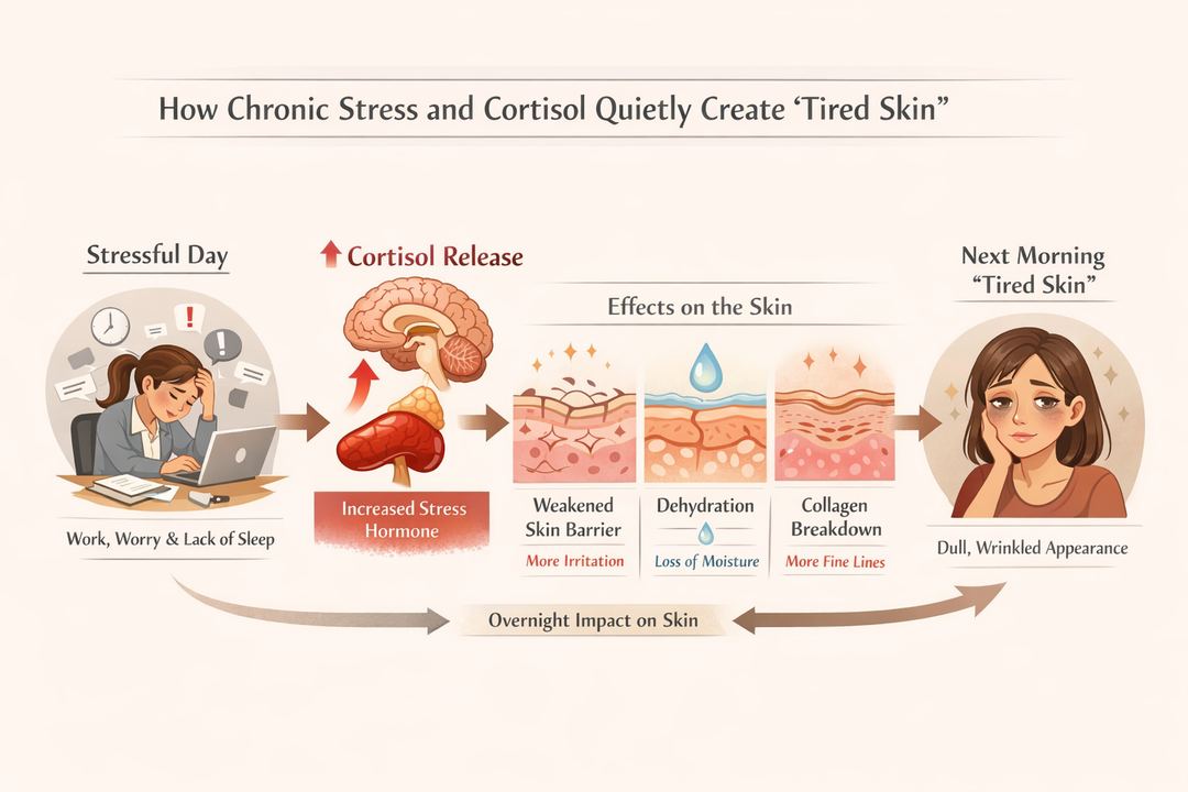 Infographic showing how psychological stress raises cortisol, which then affects skin barrier, hydration and fine lines overnight.
