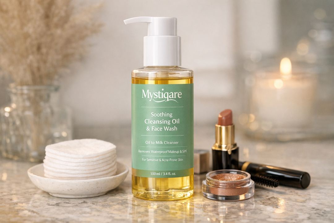 Bottle of Mystiqare Soothing Cleansing Oil & Face Wash on a bathroom counter next to cotton pads and makeup products