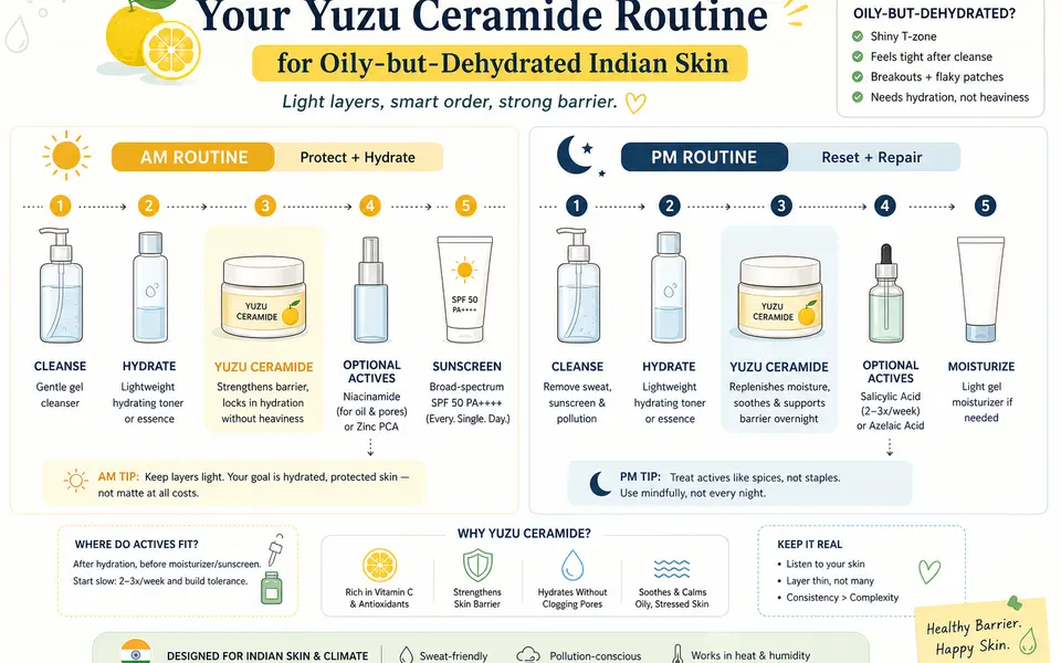Diagram of an AM and PM routine for oily-but-dehydrated Indian skin, showing cleanse, hydrate, yuzu ceramide, sunscreen, and where optional actives fit.
