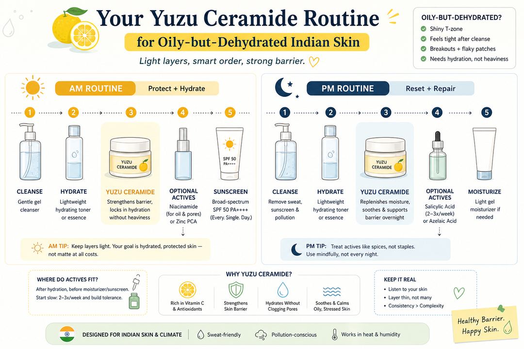 Diagram of an AM and PM routine for oily-but-dehydrated Indian skin, showing cleanse, hydrate, yuzu ceramide, sunscreen, and where optional actives fit.
