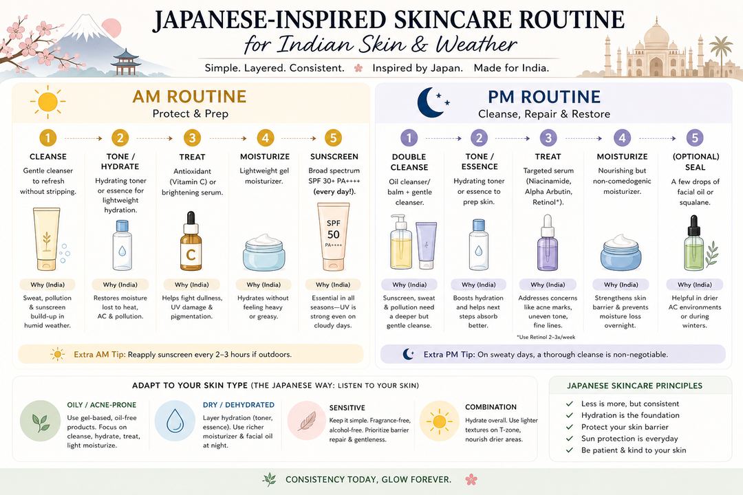 Infographic showing a simple Japanese-inspired AM and PM skincare routine for Indian skin types.