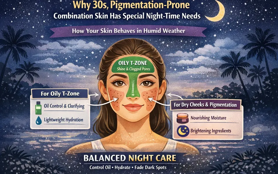 Best night gel for 30s skin plus pigmentation plus combination skin in humid weather
