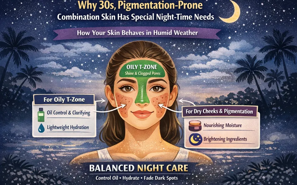 Best night gel for 30s skin plus pigmentation plus combination skin in humid weather