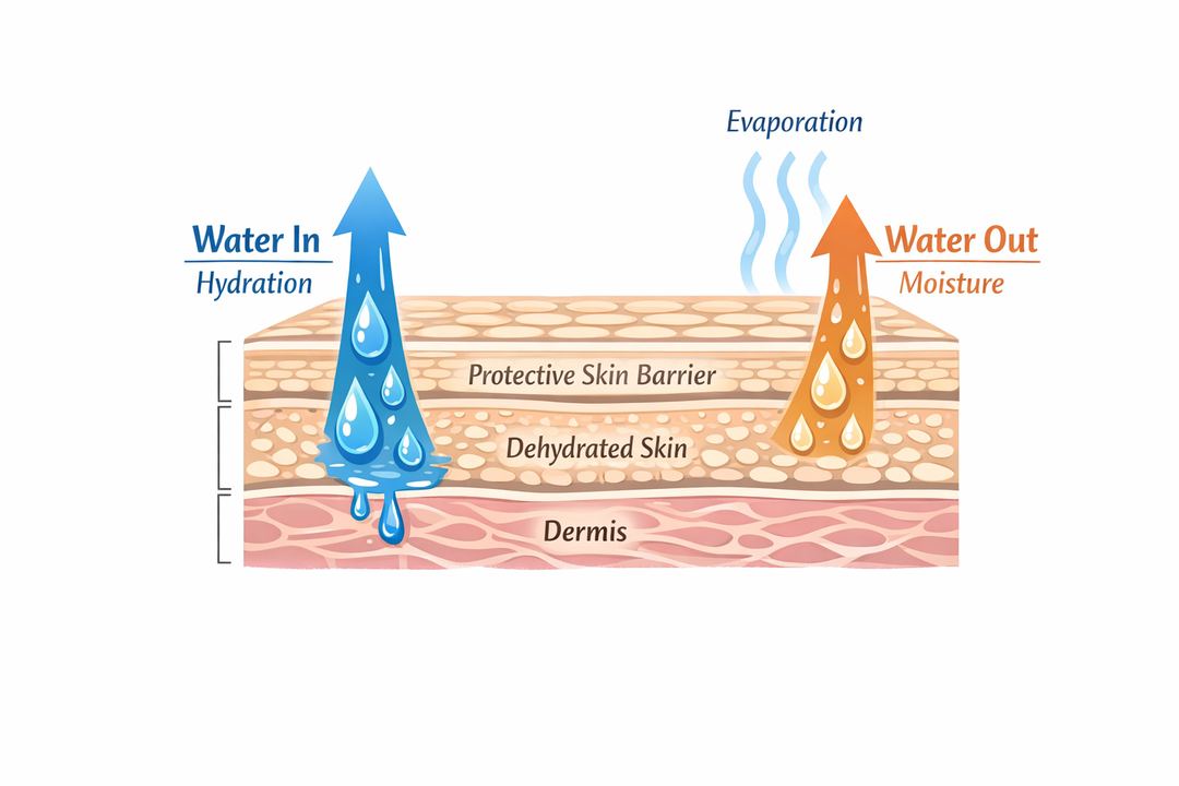Simple diagram of skin layers showing water entering the skin and evaporating from the surface, with arrows labelled hydration and moisture.