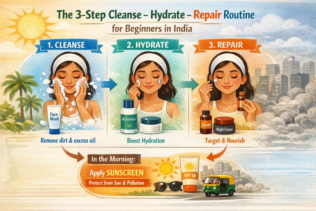 Infographic showing a simple 3-step skincare routine for Indian weather: cleanse, hydrate, repair, plus sunscreen in the morning.