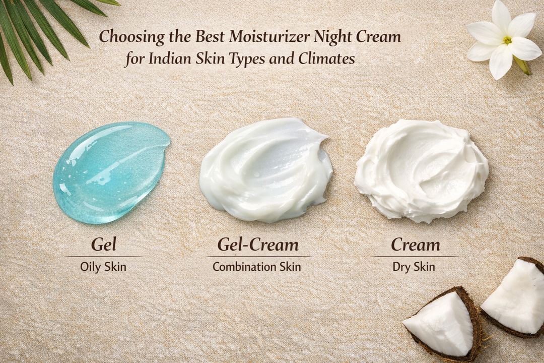 Flatlay of different moisturizer textures – gel, lotion and cream – labeled for oily, combination and dry skin.