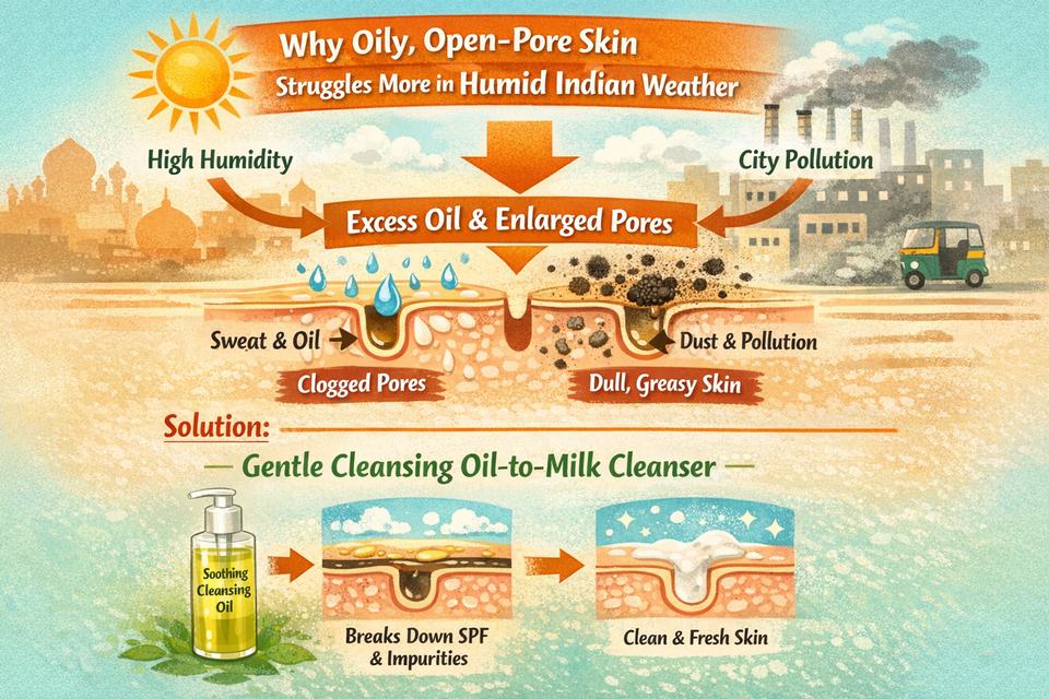 Infographic showing how humidity, sweat, oil and pollution in Indian cities affect oily, open-pore skin and where a gentle cleansing oil fits in the routine.