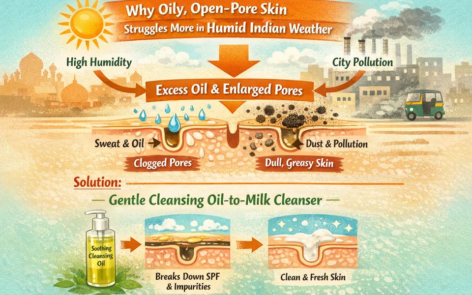 Best soothing cleansing oil & face wash for working women plus open pores plus oily skin in humid weather
