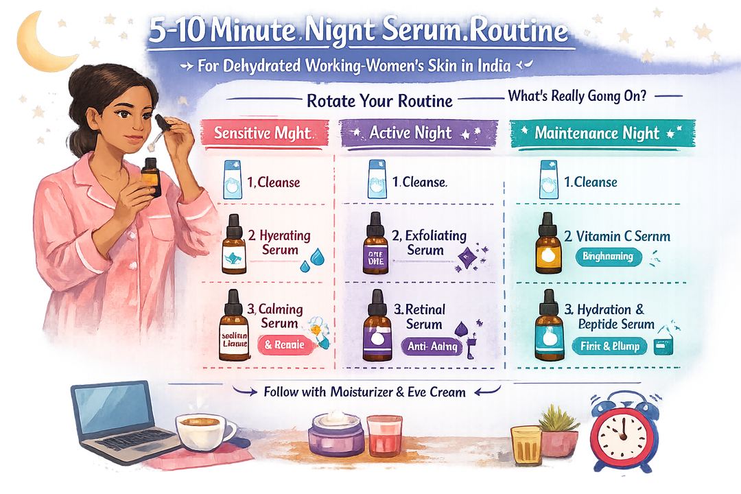 Infographic diagram showing a 5–10 minute night serum routine with three rotating templates for sensitive, active, and maintenance nights for Indian working women.