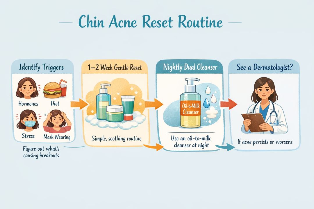 Infographic showing a simple chin-acne reset routine with steps and where a dual oil-to-milk cleanser fits in