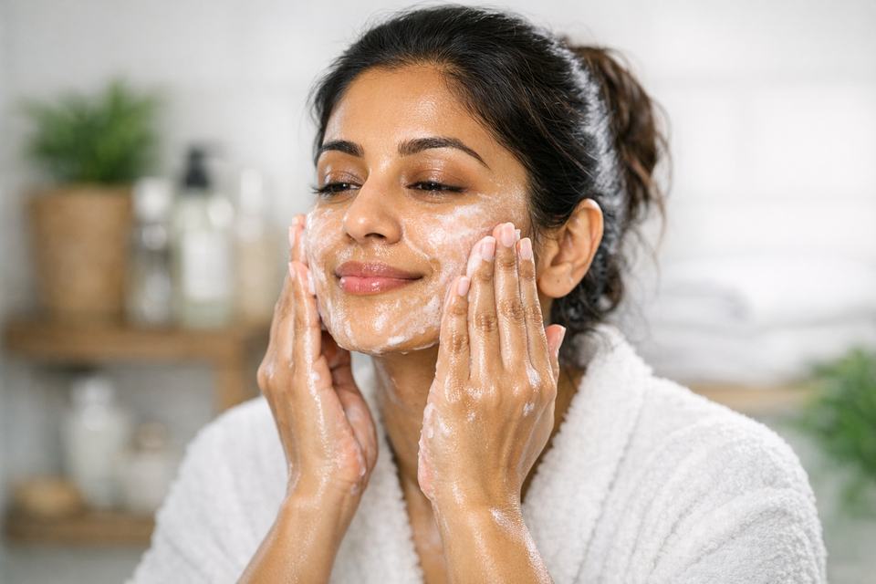 Indian woman in a bathroom gently massaging cleanser onto her face, skin looking comfortable instead of tight or dry.