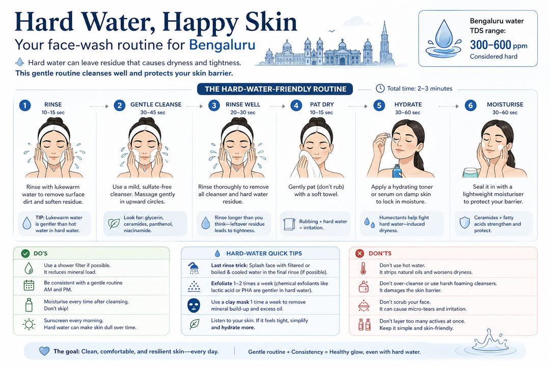 Infographic showing a simple face-wash routine for Bengaluru’s hard water from rinse to moisturiser.