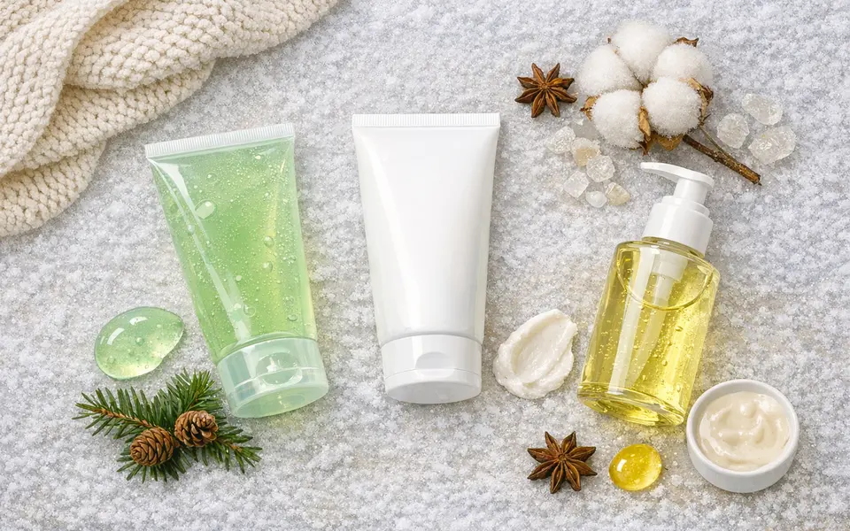 Flatlay of gentle gel, cream and oil-to-milk face washes suitable for oily skin in winter