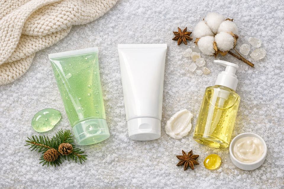 Flatlay of gentle gel, cream and oil-to-milk face washes suitable for oily skin in winter