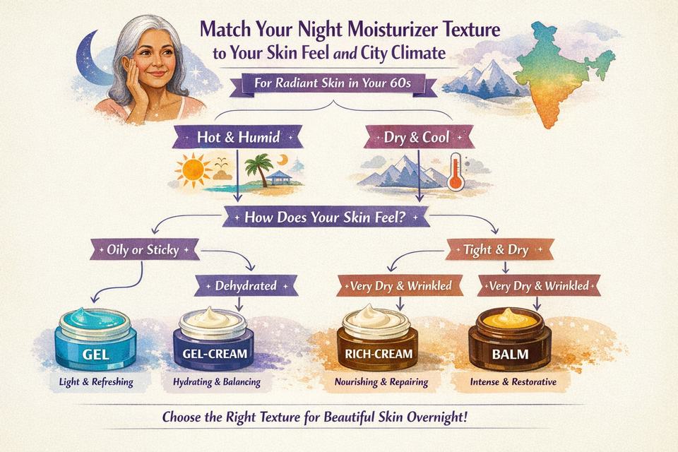 Infographic decision tree showing how people over 60 in India can choose a night moisturizer texture based on climate and skin dryness.
