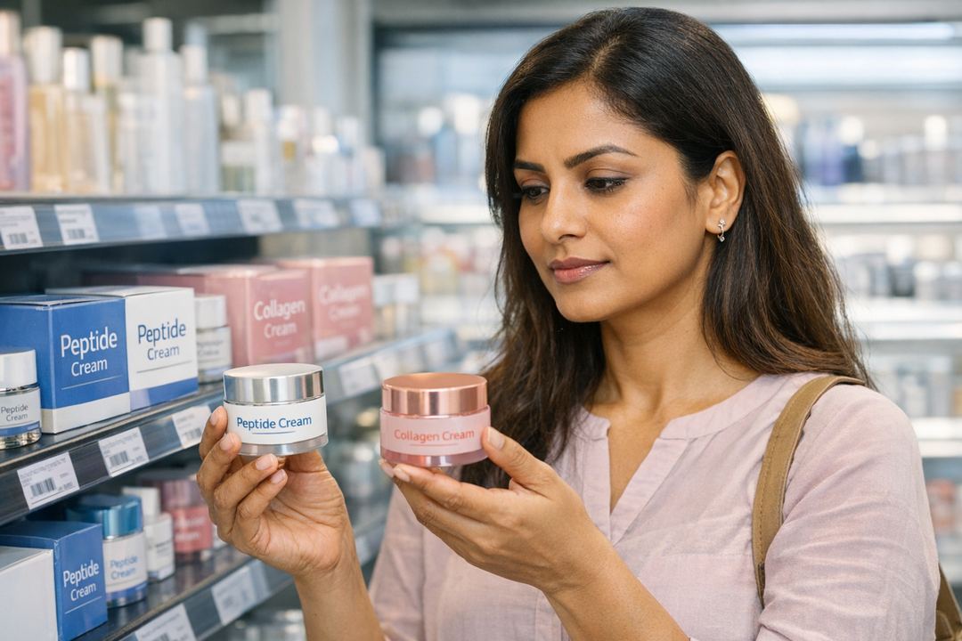 Indian woman comparing peptide and collagen moisturizers on a store shelf