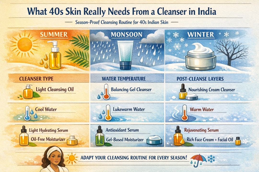 Infographic diagram showing a season-proof cleansing ritual for 40s Indian skin across summer, monsoon and winter