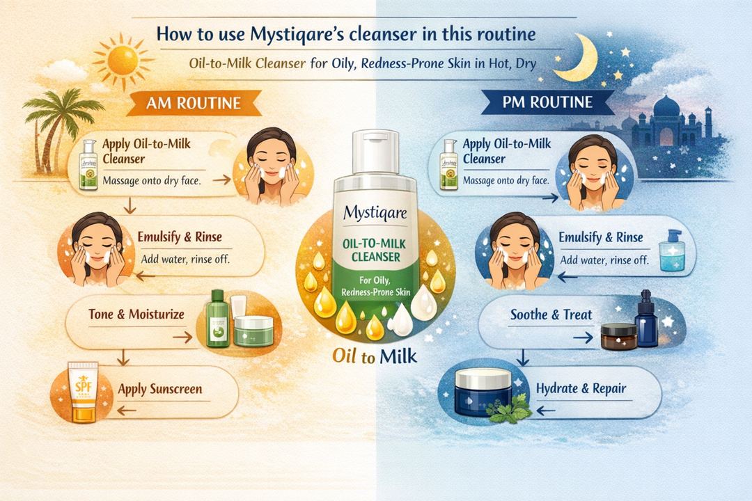 Infographic showing an AM and PM routine using an oil-to-milk cleansing oil for oily, redness-prone skin in hot, dry Indian weather.