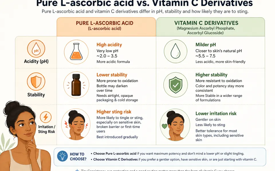 Side-by-side comparison graphic showing pure L-ascorbic acid on one side and vitamin C derivatives like magnesium ascorbyl phosphate and ascorbyl glucoside on the other, with icons for acidity, stability, and irritation risk.